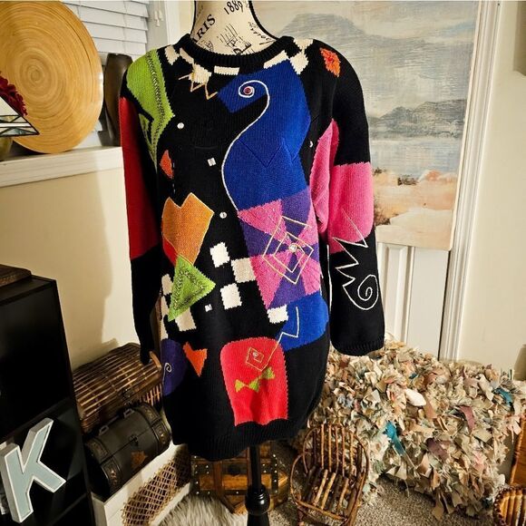Vtg I.B Diffusion Sweater 90's Bold Retro Geometric Print Embellished Rhinestone - Picture 8 of 15